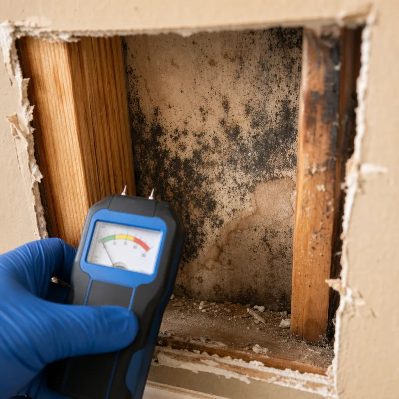 Exposed wall cavity showing microbial growth and a moisture meter during inspection