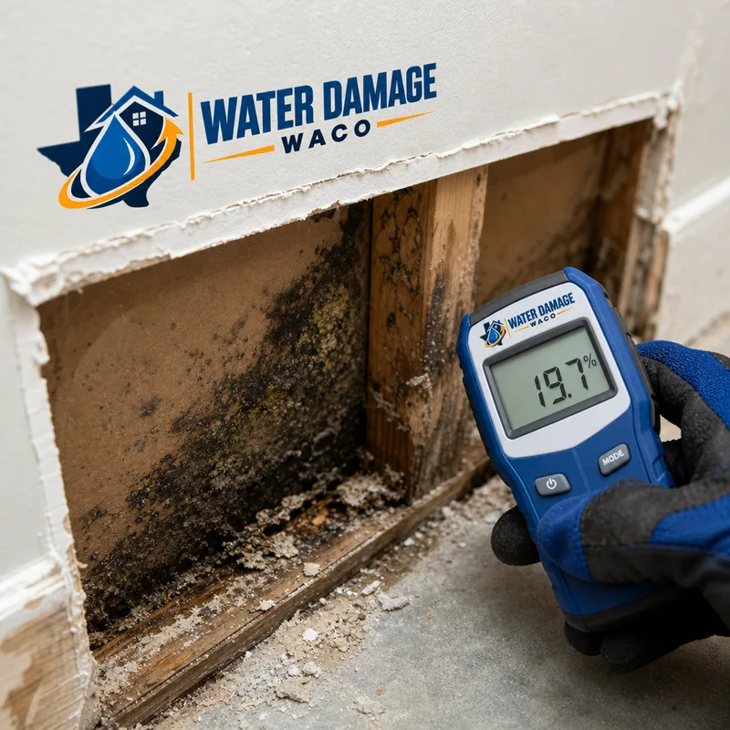Exposed wall cavity showing microbial growth and a moisture meter during inspection