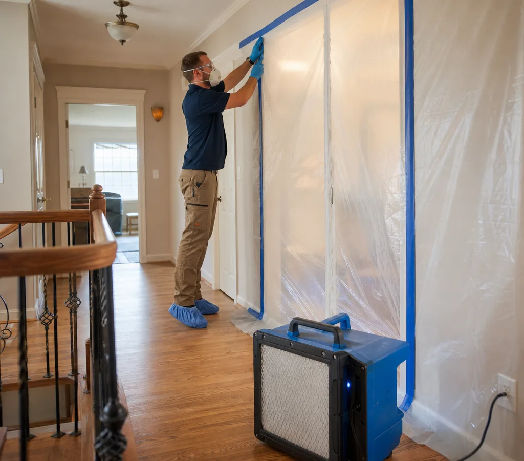 Technician in protective equipment setting up containment and a HEPA air scrubber in a Waco home