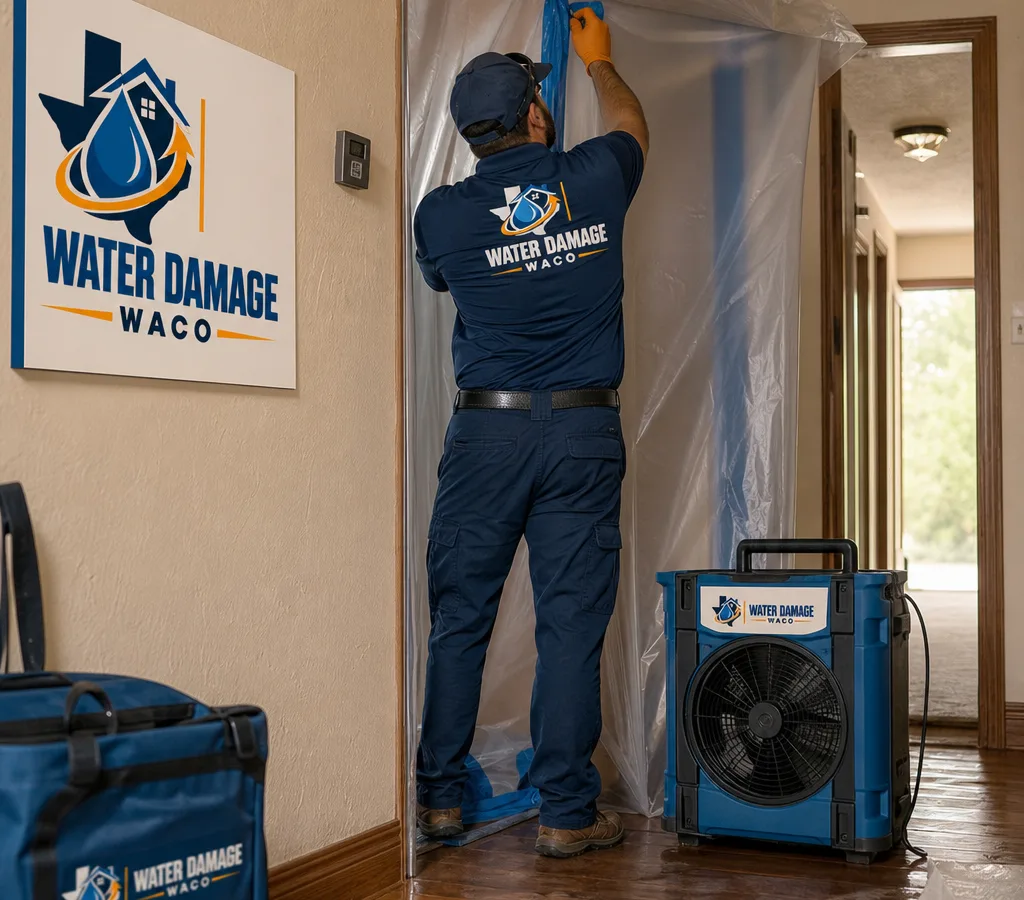 Technician in protective equipment setting up containment and a HEPA air scrubber in a Waco home