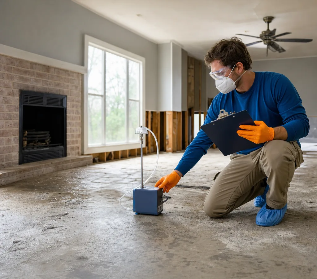 Inspector in protective equipment collecting an indoor air sample with a calibrated pump and documenting the sample in a Waco-area home