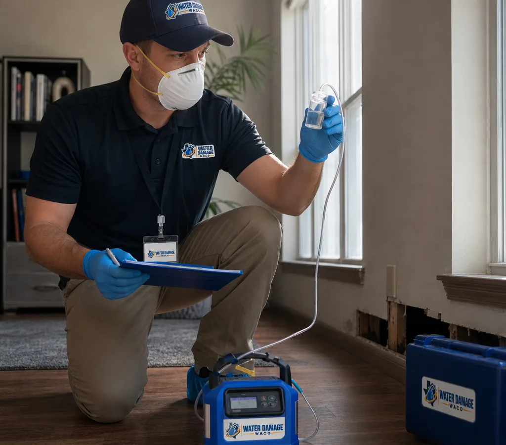 Inspector in protective equipment collecting an indoor air sample with a calibrated pump and documenting the sample in a Waco-area home