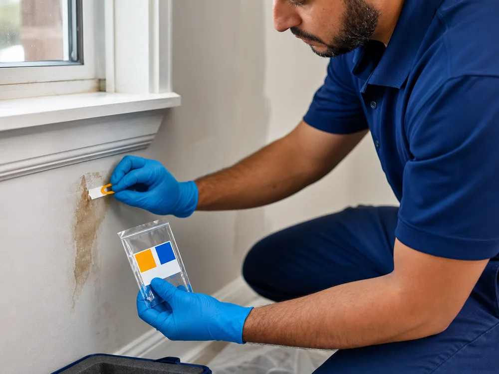 Technician taking a labeled tape-lift surface sample from a discolored area near a window frame