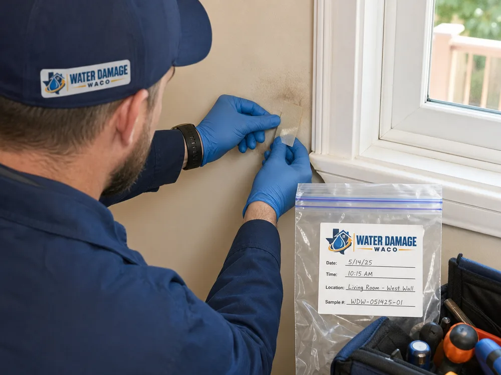 Technician taking a labeled tape-lift surface sample from a discolored area near a window frame