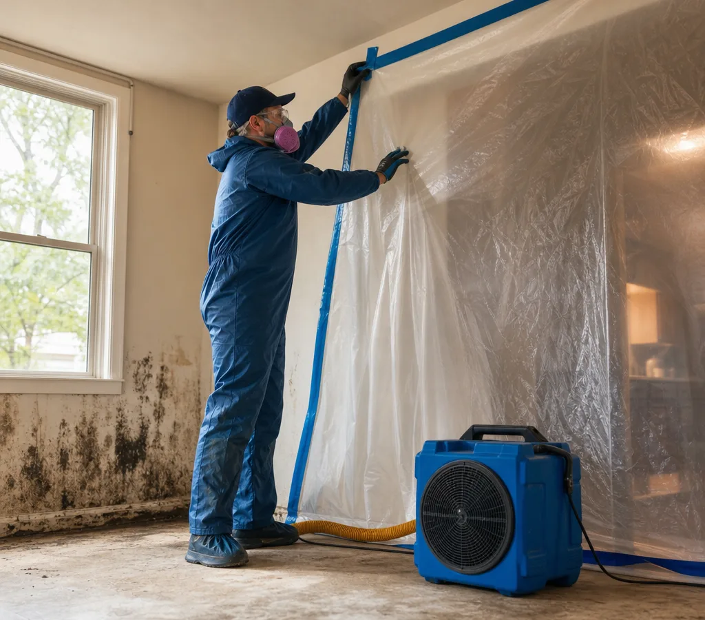 Technician in protective gear setting up containment and negative air equipment in a Waco home with mold staining near a window