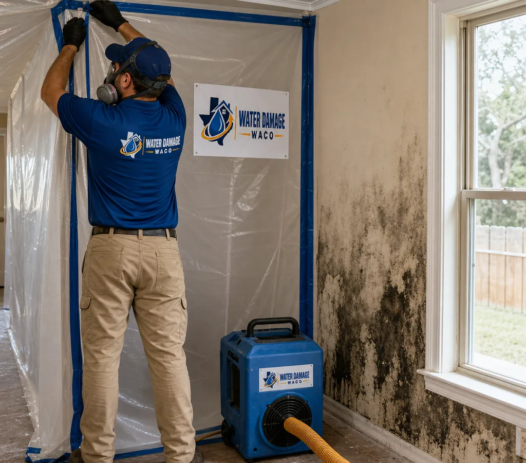 Technician in protective gear setting up containment and negative air equipment in a Waco home with mold staining near a window