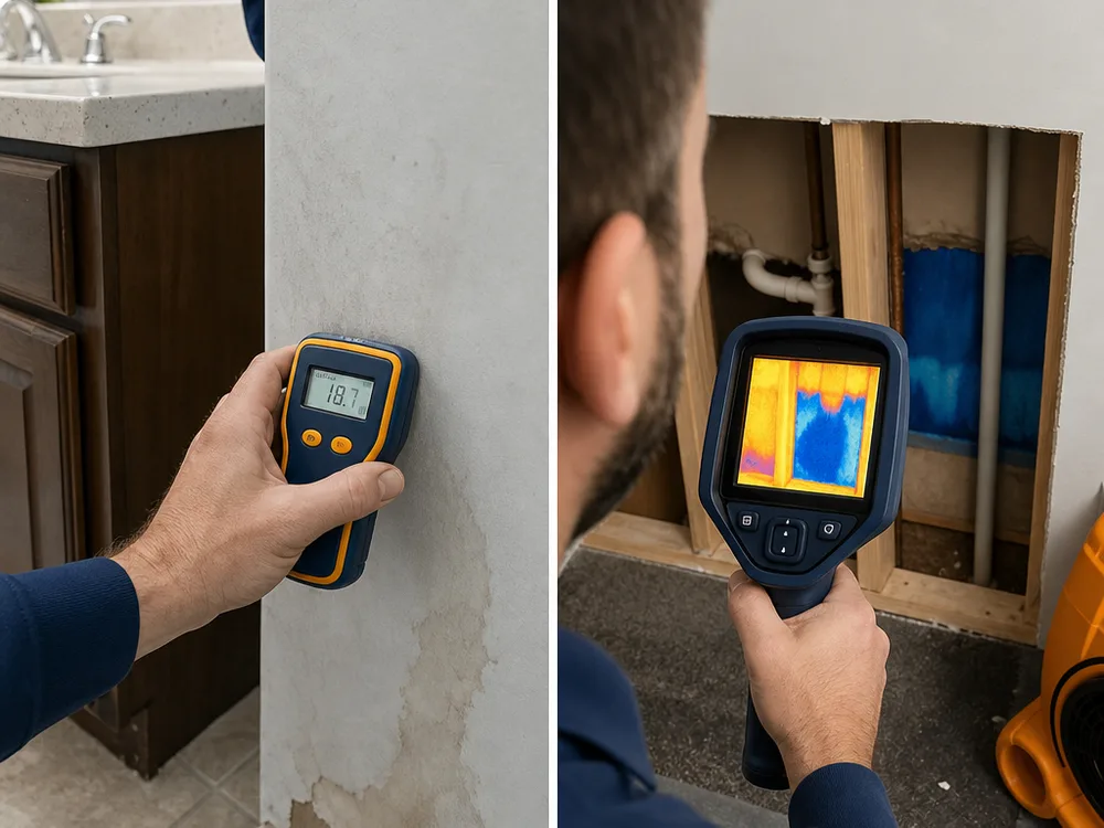 Moisture meter and thermal imaging inspection revealing damp drywall behind a bathroom vanity