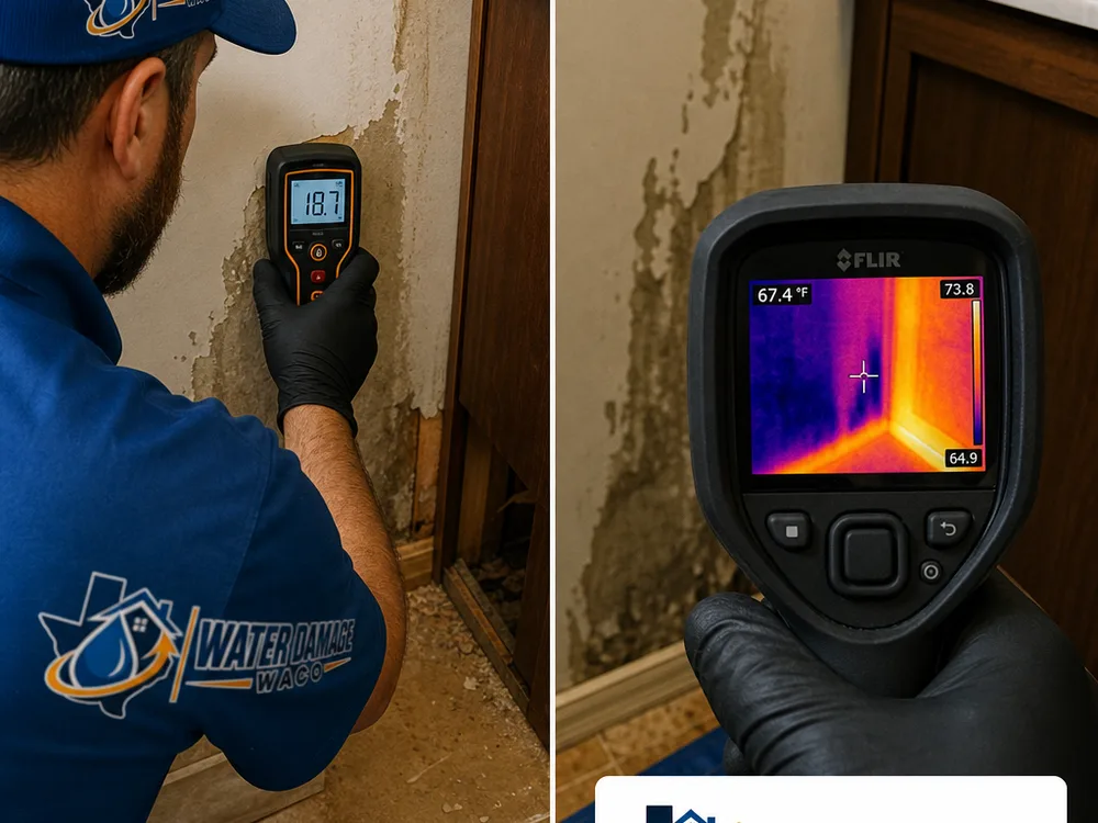 Moisture meter and thermal imaging inspection revealing damp drywall behind a bathroom vanity