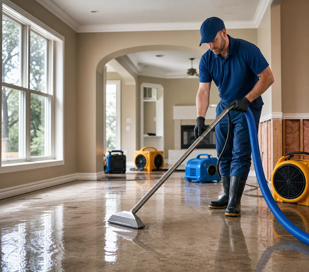 Technician using a water extraction wand on a flooded residential floor with air movers staged nearby
