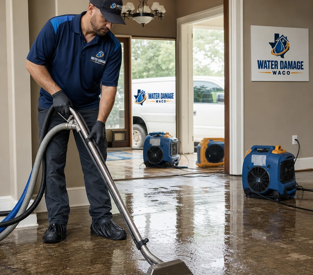 Technician using a water extraction wand on a flooded residential floor with air movers staged nearby