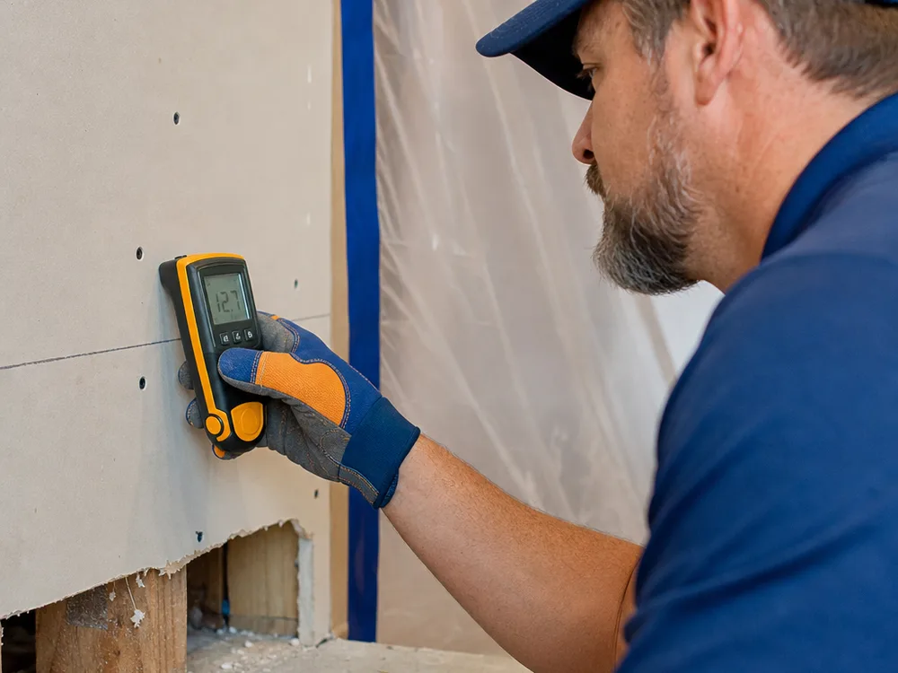 Moisture meter reading being taken on drywall near a cut line and containment plastic