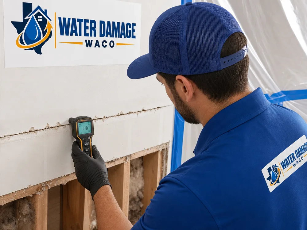 Moisture meter reading being taken on drywall near a cut line and containment plastic