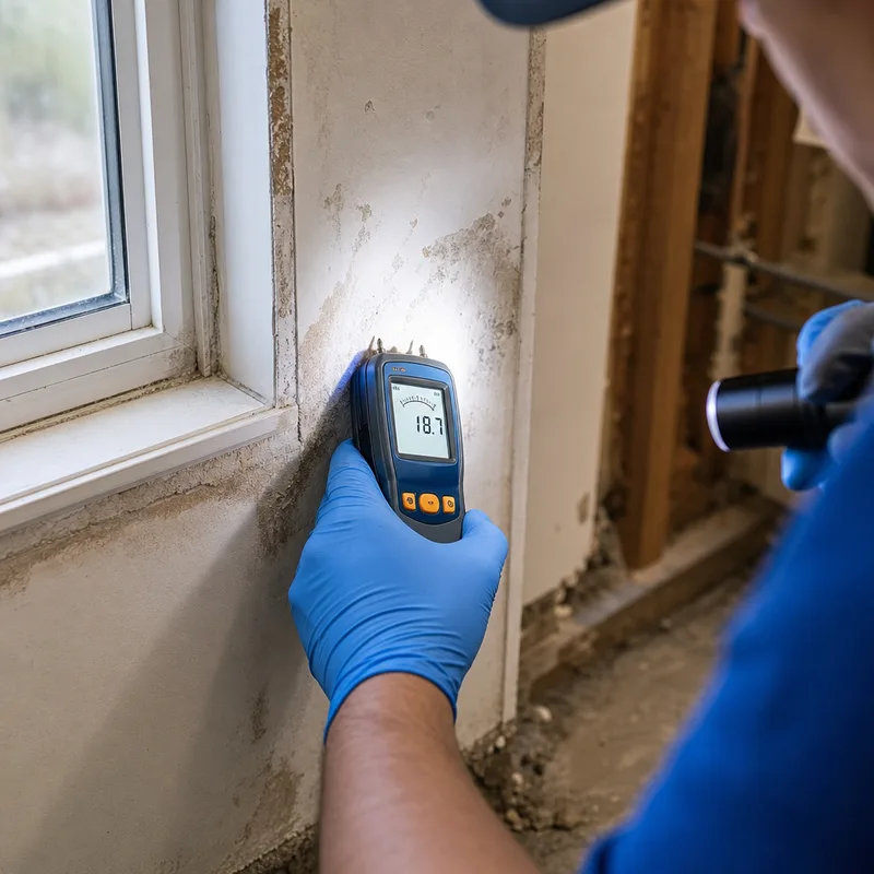 Inspector holding a moisture meter against stained drywall near a window while illuminating the area with a flashlight