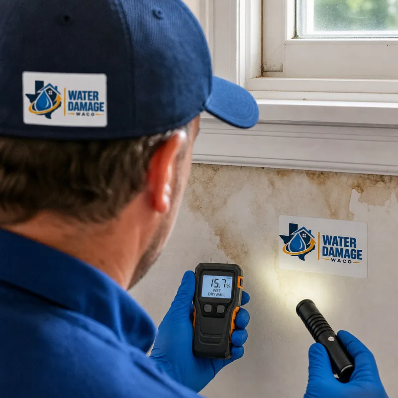 Inspector holding a moisture meter against stained drywall near a window while illuminating the area with a flashlight