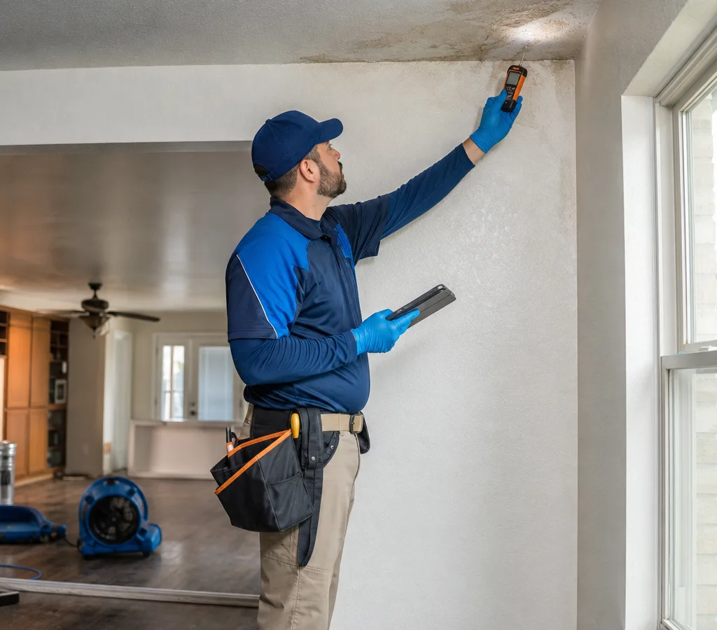 Certified inspector using a moisture meter and flashlight at an interior wall and ceiling corner in a Waco-area home