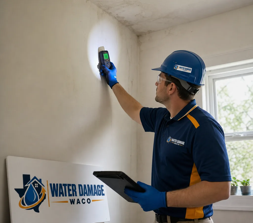 Certified inspector using a moisture meter and flashlight at an interior wall and ceiling corner in a Waco-area home