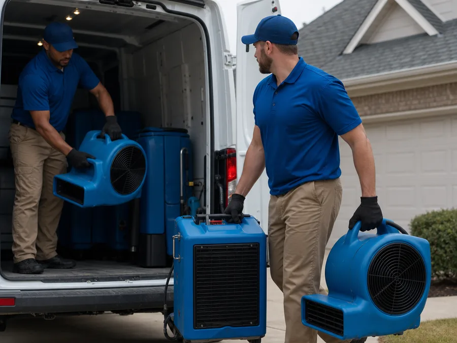 Two water restoration technicians loading air movers and a dehumidifier from a service vehicle