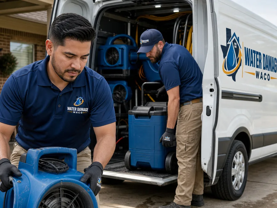 Two water restoration technicians loading air movers and a dehumidifier from a service vehicle